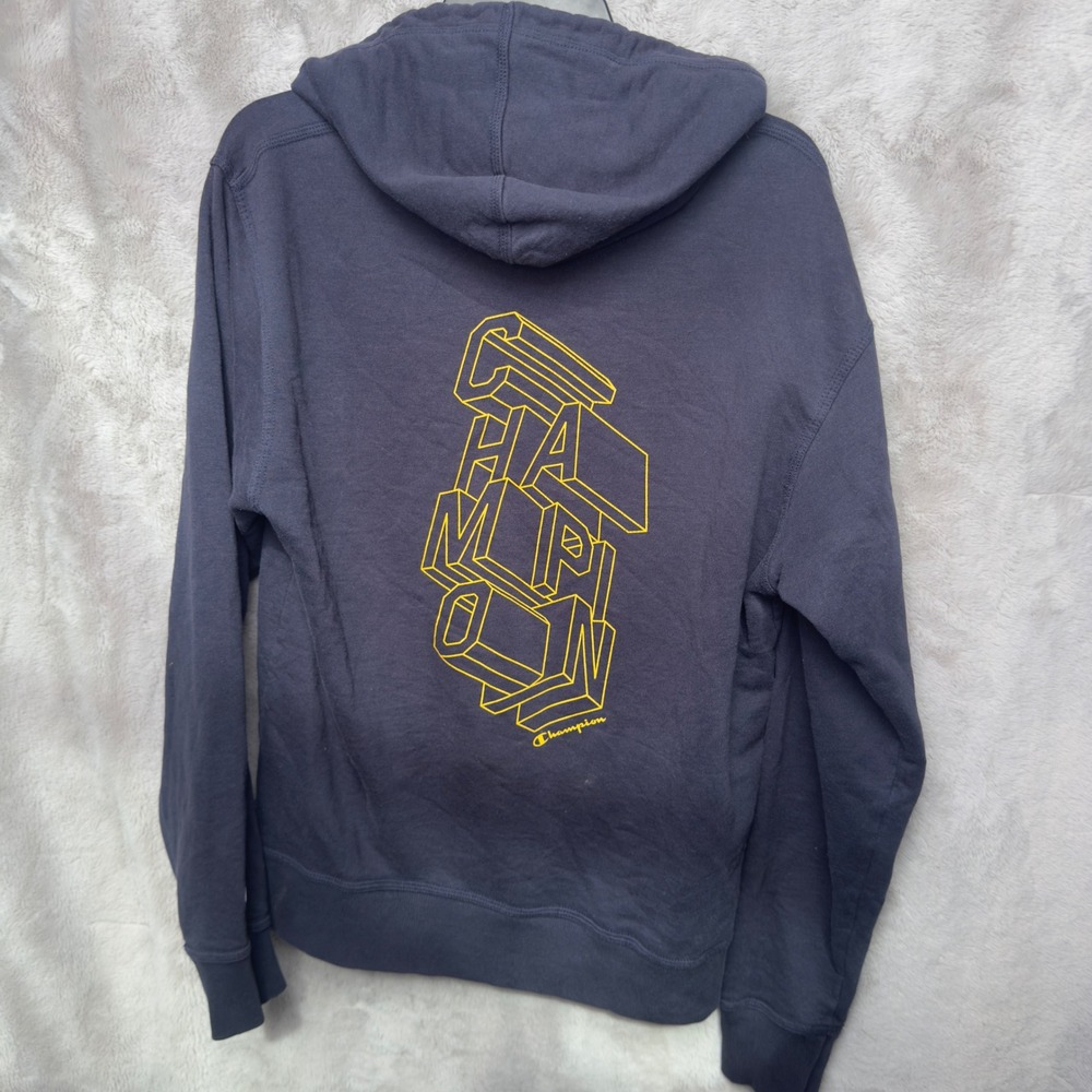 Champion Hoodie Navy Blue Yellow Logo Mens Medium Pullover Athleisure Loungewear
